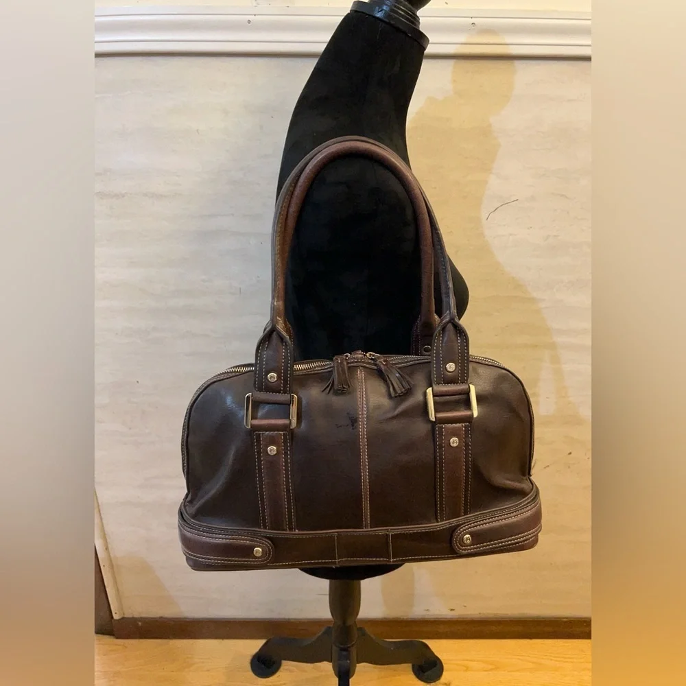 Vintage Liz Claiborne Women’s Dark Brown Leather Satchel with Dual Top Handles